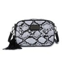 Bolsa de ombro feminina com padrão de cobra e pompom Forma retangular com cantos arredondados Etiqueta metálica Pele PU Dimensões 22 x 15 3