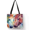 Bolsa de senhora a tiracolo com motivo de cavalo em aguarela em linho e poliéster Forma quadrada 40 x 40 cm Alças longas pretas Impressão artística 2