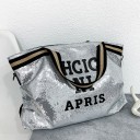 Bolsa de senhora com lantejoulas 45 x 35 x 10 cm Grande bolsa com inscrição Alças riscas Alça longa cruzada com mosquetões 6
