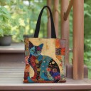 Bolsa de tela con motivo étnico de gato elaborada en tejido de lino liso 40x40 cm 2
