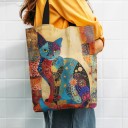 Bolsa de tela con motivo étnico de gato elaborada en tejido de lino liso 40x40 cm 3