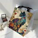 Bolsa de tela con motivo floral de gato elaborada en tejido de lino liso 40x40 cm 3