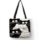 Bolsa feminina com estampado a preto e branco de gatinhos Poliester de linho Forma quadrada 40 x 40 cm Alças pretas Olhos grandes e bigodes longos 5