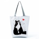 Bolsa feminina de poliéster com estampado de gato 27 x 37 x 8 cm Bolsa de compras com alças cinzentas e fundo cinzento Para compras e uso diário 1