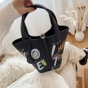 Bolsa feminina em forma de cesto em pele sintética com impressão colorida de letras Duas alças Alça removível para o ombro Fecho metálico 14 x 5