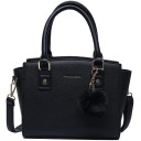 Bolsa negra de mano y hombro para mujer Bolsa con lados ampliados y pompón decorativo Cuero sintético PU Correa desmontable 30 x 20 x 11 cm 1