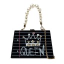 Bolsa rígida de mano para mujeres 23 x 20 x 6 cm Impresión de papel rayado con corona y el texto Queen Asa de perlas Cadena dorada 2
