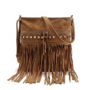 Bolso de ante para mujer con largos flecos Bolso crossbody con correa ajustable Tachuelas metálicas Bolsillos con cremallera 27 x 29 cm 2