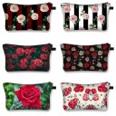 Bolso de cosméticos para mujer con un llamativo estampado de rosas Cierre de cremallera con asa Interior negro Poliéster 13 x 21,5 cm 26