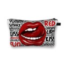 Bolso de maquillaje femenino con estampado de labios y besos Estuche para cosméticos y brochas de poliéster Cremallera con asa Tamaño 13 x 21,5 cm 15