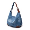 Bolso de mezclilla para mujer tipo bandolera Forma de saco espaciosa Asa con anillos de metal Bolsillo exterior con cremallera Mezclilla 1