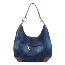 Bolso de mezclilla para mujer tipo bandolera Forma de saco espaciosa Asa con anillos de metal Bolsillo exterior con cremallera Mezclilla 4
