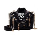 Bolso de mujer en forma de chaqueta de motorista Bolso pequeño de hombro con cadena Superficie brillante Cremalleras y remaches en color 2