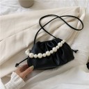 Bolso pequeño de mujer con forma suave fruncida y asa decorativa de perlas Correa larga y delgada sobre el hombro Cuero sintético 25 x 2