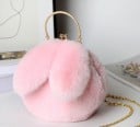 Bolso redondo para mujer con orejas de conejo 22 x 21 cm Superficie suave y peluda Asa metálica Cierre de marco Cadena larga para el hombro 10