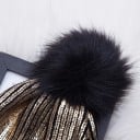 Bonnet tricoté pour femmes avec éclat métallique et grande pompon en fourrure Côtelé Revers Acrylique Taille universelle 6
