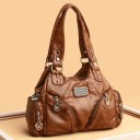 Borsa a spalla da donna in pelle sintetica Aspetto vintage Diverse tasche con zip Ciondoli in metallo decorativi Dimensioni 29 x 22 x 11 5