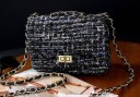 Borsa a tracolla da donna con patta e tracolla a catena Tessuto strutturato con aspetto tweed Chiusura metallica Lana e pelle PU 8
