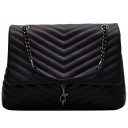 Borsa a tracolla nera da donna trapuntata con patta Catena in metallo scuro Moschettone decorativo Pelle sintetica PU 26 x 20 x 10 cm 1