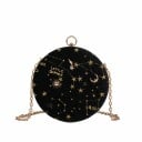 Borsa a tracolla rotonda da donna con motivo del cielo stellato Stelle ricamate e decorazioni metalliche Catena a tracolla Dimensioni 18,5 x 1