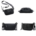 Borsa a vita nera da donna in pelle pieno fiore con borchie metalliche Catena e ampia tracolla con motivo stampato Tasche posteriori 2