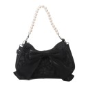 Borsa da donna con fiocco 23 x 8 x 15 cm Cotone e poliestere Manico perle Borsa elegante da portare a mano 5