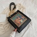Borsa da donna in ecopelle con stampa di un dipinto in cornice decorativa Due maniglie con catena dorata Nera Forma quadrata 28,5 x 25 x 9 cm 2