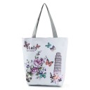 Borsa da donna in tela con motivi di monumenti mondiali e fiori Borsa da shopping con manici grigi Tela e poliestere 27 x 38 x 11 cm Manici 27 cm 3