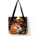 Borsa in lino da donna con stampa dipinta di gatti tra i libri e le antichità Borsa quadrata 40 x 40 cm con manici neri per ogni giorno 2