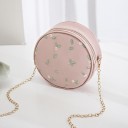 Borsa rotonda da donna a tracolla con foglie ricamate e fiori Catena metallica a spalla Chiusura con cerniera Pelle PU 17 x 6 x 17 cm 2