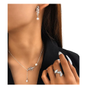 Botanical Design Jewellery Set 316L Stainless Steel Necklace 45+5 cm Earrings 3.3 cm Adjustable Ring Pearl and Leaf Motif for Women 2