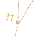 Botanisches Design Schmuckset 316L Edelstahl Halskette 45+5 cm Ohrringe 3,3 cm Verstellbarer Ring Perlen- und Blattmotiv für Frauen 5