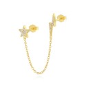 Brinco feminino com raio e estrela Duas pérolas ligadas por uma corrente pendente Pedras de zircão Metal de bijuteria Para duas perfurações 2