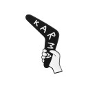 Broșă KARMA bumerang cca 3,3 x 1,3 cm insignă alb-negru cu text și motivul unei mâini pentru geacă rucsac accesoriu original 1