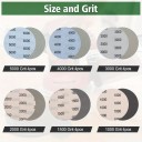 Brusné papiere 125 mm na suchý zips 24 ks Zrnitost 1000 až 5000 Bez otvorov Latex a karbid kremíka Šedé Pre mokré aj suché brúsenie 3