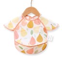 Bryndák pro děti s kapsou a rukávky 30 x 25 cm Střih přes ramena Barevné hrušky na bílém podkladu Lososový lem Zapínání vzadu na krku 2