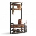 Cabideiro com banco para sapatos 80,4 x 30 x 181,6 cm com 2 gavetas e 10 ganchos e barra para cabides em castanho e preto para o hall de entrada 2