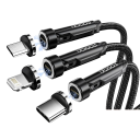 Cable USB A magnético giratorio de carga rápida de 1 m con conectores magnéticos de 3 A para iOS, cable de datos Lightning + USB C + Micro USB, transmisión de 480 Mbps. 10