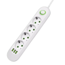 Cablu prelungitor UE 2m 4AC 2500W cu întrerupător și indicator luminos, filtru de alimentare 3× USB A 2.1A 5V, adaptor priză de birou universal 5