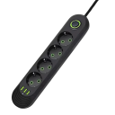 Cablu prelungitor UE 2m 4AC 2500W cu întrerupător și indicator luminos, filtru de alimentare 3× USB A 2.1A 5V, adaptor priză de birou universal 4