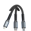 Cabo USB 3 em 1 de carregamento rápido 1,2 m com luz LED, cabo trançado 100W 5A USB A para Lightning + USB C + Micro USB para telemóvel 5