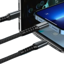 Cabo USB 3 em 1 de carregamento rápido 1,2 m com luz LED, cabo trançado 100W 5A USB A para Lightning + USB C + Micro USB para telemóvel 9