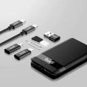 Caja de almacenamiento con cargador inalámbrico 5 W Tres adaptadores Lightning Micro USB y USB-A Cable USB-C 29 cm Aguja para SIM Dimensiones 8,9 x 3