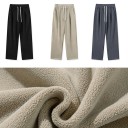 Calças de fato de treino para homem com interior felpudo, com bolsos, ajustáveis com cordão, poliéster, spandex, corte confortável para o inverno 6