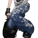 Calças de ganga femininas azuis Unicolores Motivos florais na perna Bolsos 100% Algodão Calças casuais estilosas Look moderno 2