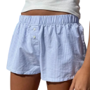Calções de riscas soltos e casuais para senhora com botões Calções de verão confortáveis de cintura alta Calções risca elegantes para lazer 1