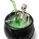Caldron vrăjitoresc de Halloween cu schelet și ceață iluminare LED 20 cm Alimentare USB Negru cu lumină verde Decorațiune pentru petrecere și masă 6