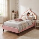 Cama infantil 90 x 200 cm design de princesa com coroa iluminação LED RGB cabeceira ajustável estrado de ripas Rosa e branco 2
