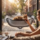 Cama suspensa para gatos na janela 65 x 24 cm Leito curvado com 3 ventosas Cinza com borda preta Para vidro sem perfuração para gatos e furões 4