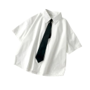 Cămașă albă lejeră pentru femei, cu mâneci scurte și cravată neagră. Top elegant cu guler. Stil casual pentru serviciu și timp liber. 1